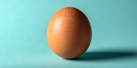 Single brown chicken egg standing upright on vibrant teal background with soft shadow casting to right side of studio composition