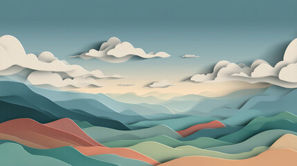 Serene mountain landscape with layered hills and clouds