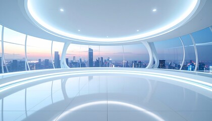 Futuristic, minimalist interior with panoramic windows overlooking a city skyline at dusk