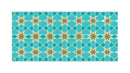 Seamless vector pattern of Islamic geometric stars and octagons, turquoise and gold color palette, repeatable background.