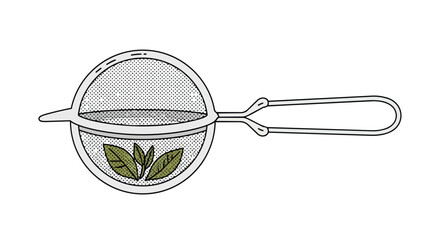 An inviting illustration of a sleek metal mesh tea infuser holding fresh green leaves, ready to steep a delightful, aromatic beverage for serene