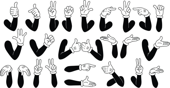 A versatile collection of retro-style cartoon hands wearing white gloves, showcasing various gestures like thumbs up, victory signs, and pointing, perfect for vintage animation.