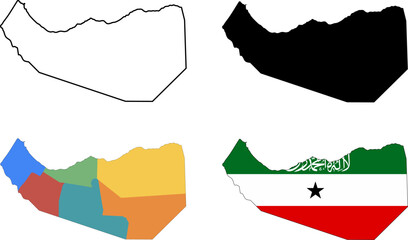 Somaliland map vector set featuring outline borders, solid silhouette, regional divisions and flag map. Ideal for geography, education, infographics, political and cultural design projects.