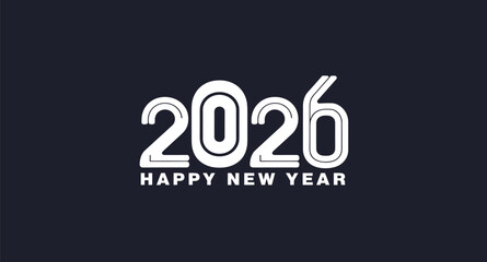 Happy New Year 2026 minimalist horizontal banner with white outlined typography on a dark charcoal background © Majnur