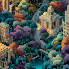 Vibrant cityscape with lush greenery and modern architecture