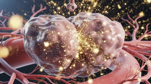 Microscopic view of two abnormal cells or tumors surrounded by blood vessels with glowing particles interacting.