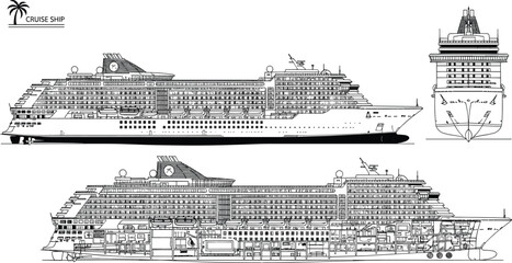 Detailed technical line drawing of a modern luxury cruise ship, showing exterior profile, bow view, and a cross-section blueprint with internal structure for engineering and maritime design. © Art_By_Aktarina