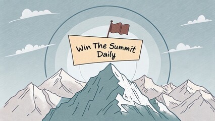 A flat sketch illustration of a mountain summit with a flag