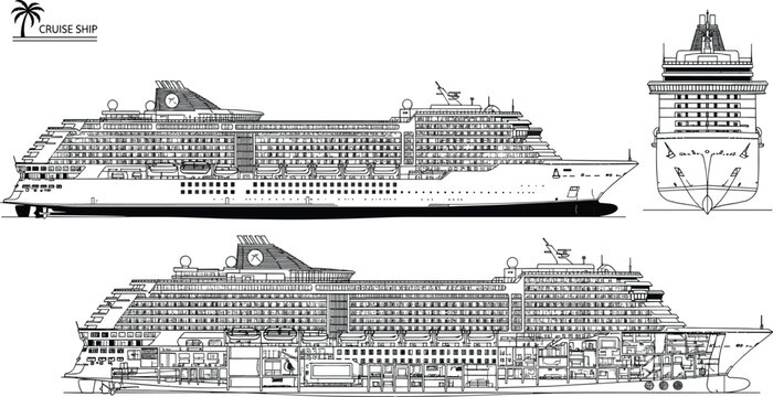 Detailed technical line drawing of a modern luxury cruise ship, showing exterior profile, bow view, and a cross-section blueprint with internal structure for engineering and maritime design.