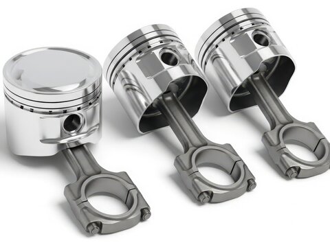 Three engine pistons and connecting rods