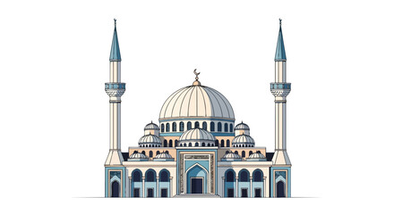 Fototapeta premium Stylized illustration of an Islamic mosque with prominent dome and twin minarets against a clean white background a symbol of devotion and