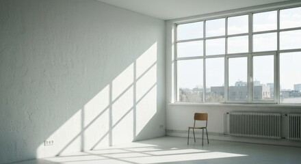Obraz premium Bright, empty room with large window. Sunlight casts shadows on the light-colored walls. A simple chair sits near the window