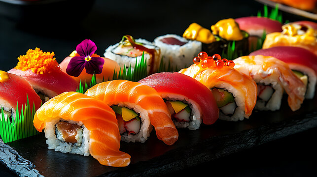 Luxury assorted sushi platter featuring salmon tuna sea urchin and roe nigiri garnished with edible flowers on black slate Japanese cuisine feast close up

