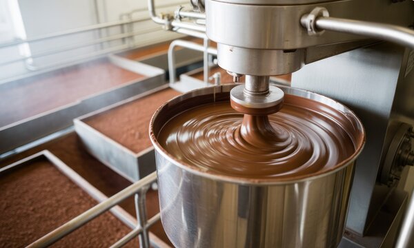Chocolate production facility, a stainless steel mixing vat with a dark brown liquid, swirling in a large, industrial machine