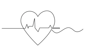 Continuous one line heart with heartbeat symbol for health concept
