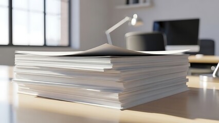 Large stack of papers on office desk with lamp and computer