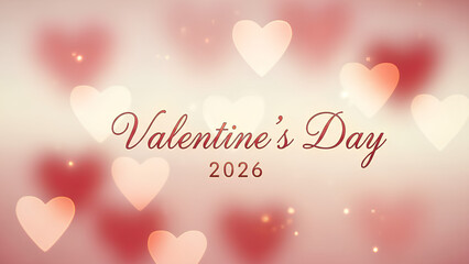 Happy valentines day 2026 typography on blurred red hearts background. Romantic love holiday greeting card design. Abstract soft light bokeh pattern for february celebration banner