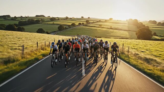 A large group of cyclists rides on a winding rural road through sunlit green fields and rolling hills under a bright sky.