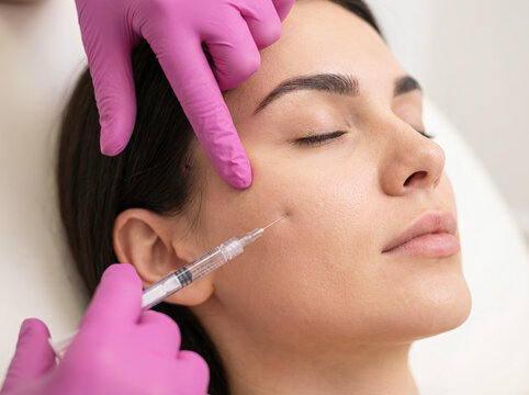 Young woman receiving cosmetic injection in cheek by dermatologist with syringe for anti-aging beauty treatment
