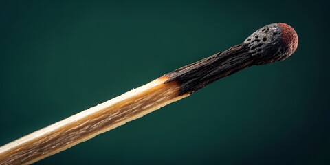 Macro view of single burnt matchstick with charred black tip and detailed wood grain texture against dark green matte background