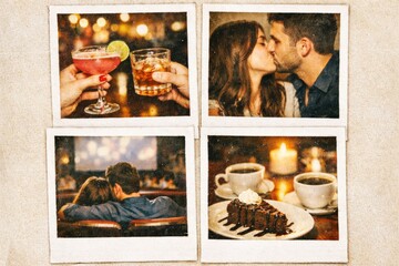Fototapeta premium Couple's romantic date night collage showing drinks, kissing, movie, and dessert