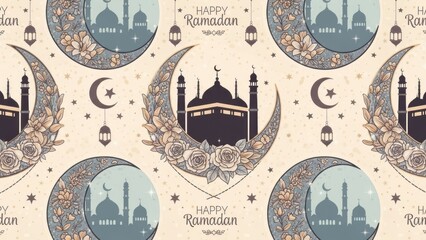 A seamless Ramadan pattern. Features crescents, mosques, flowers, and traditional lanterns