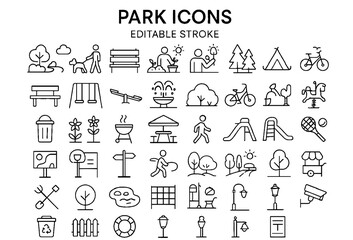 Park Line Icons Set &ndash; Editable Stroke Nature, Recreation & Outdoor Activity Vector Symbols