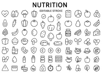 Nutrition Line Icons Set &ndash; Editable Stroke Healthy Food, Diet & Wellness Vector Symbols