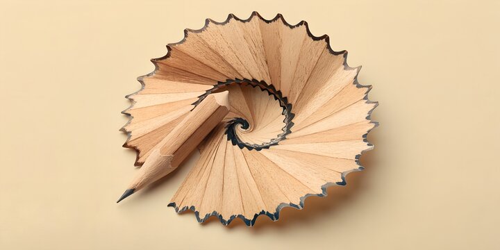 Spiral pencil shaving curl forming abstract Fibonacci sequence pattern with wood grain and pointed tip close up