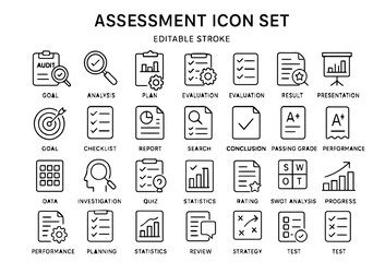 Assessment and Analytics Line Icon Set &ndash; Editable Stroke Business Evaluation Icons