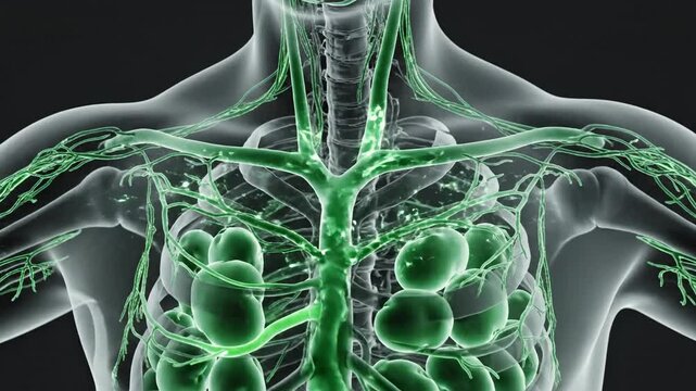 3D rendering of the human lymphatic system glowing green within a translucent body, highlighting lymph nodes and vessels in the chest and upper torso.