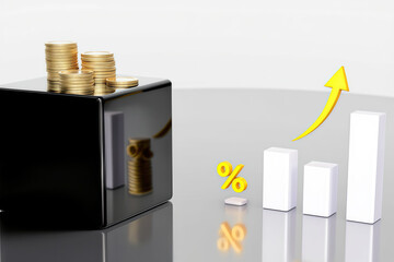 Gold Coins on Secure Box, Rising Bar Chart, Percentage Symbol. Financial Growth, Investment, Savings, Interest Rates, Profit.