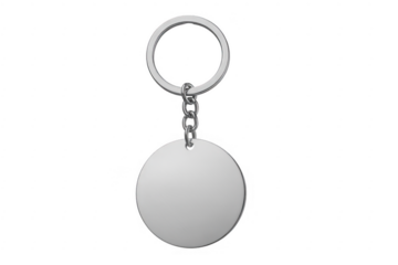 Silver keychain with blank disc metal keychain product display isolated on a transparent background