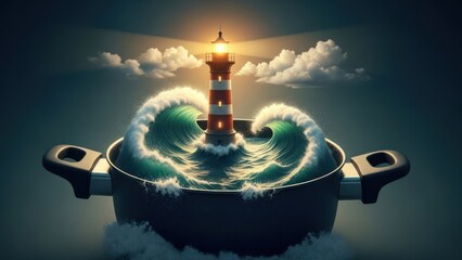 Surreal digital art of a lighthouse amidst ocean waves contained within a cooking pot