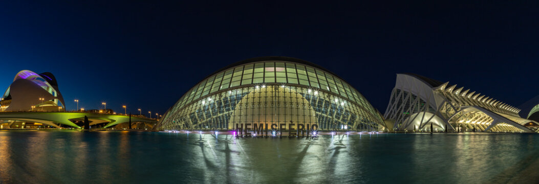 Valencia, Spain - March 29, 2025: The City of Arts and Sciences of Valencia, with the Science Museum Principe Felipe, the Hemisferic and the Queen Sofia Palace of Arts on display, at night.
