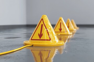 Render of six yellow wet floor signs connected by white dotted lines on a grey background