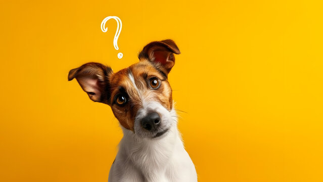 Brown and white dog close-up on yellow, head tilted, question mark nearby. Conveys curiosity, suitable for pet content or playful designs. Free space for text.
