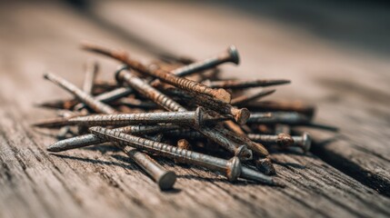 Close up shot of a pile of rusty nails on wooden surface