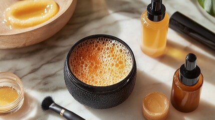 Close-up highlighting a skincare routine focused on unclogging pores. The image showcases various skincare products and tools on a marble surface, emphasizing beauty and self-care regimen