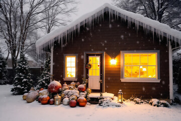 Cozy Winter House Exterior with Snowfall and Christmas Decorations. Warm Glowing Home for Holiday Season Advertising and Web Design.
