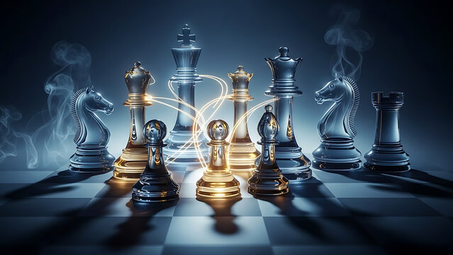 Chess pieces on a board with glowing lines connecting them strategy game night