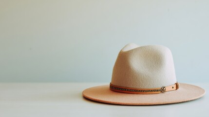 Cream Colored Wool Fedora Hat with Ribbon Detail on a Surface