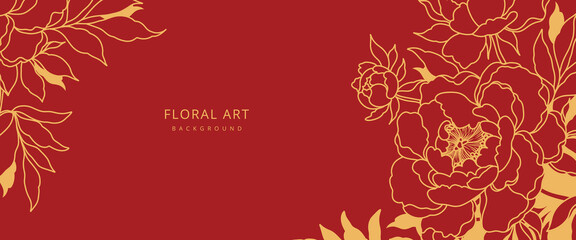 Luxury red Chinese floral background with hand drawn golden peonies. Vector design template for card, wall poster, business card, flyer, banner, wedding invitation, cover