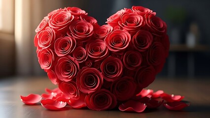 Romantic heart shaped bouquet of red roses on wooden table