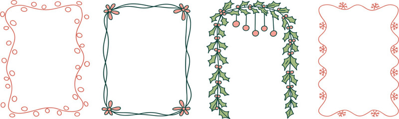 Hand drawn Christmas and floral frame vector set with holly berry arch, snowflake border and vine wreaths © Majnur