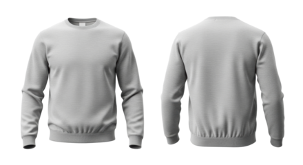 Blank heather grey crewneck sweatshirt with front and back view on a white background using a ghost mannequin effect. Concept for apparel mockup and e-commerce