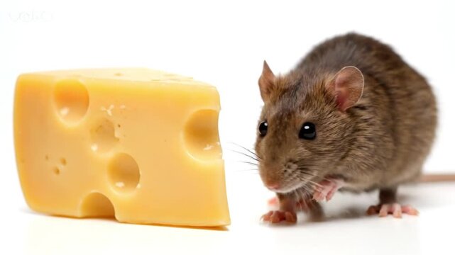 A hungry brown rodent with expressive eyes intently observes a tempting wedge of Swiss-style yellow cheese, rich with distinctive holes, set against a pristine white background. This clean studio shot