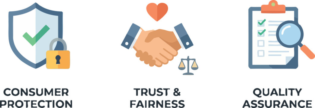 Consumer protection shield icon trust and fairness handshake with scales and quality assurance clipboard checklist for business safety standards and customer rights.