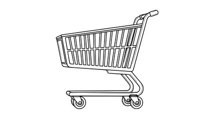 Simple black and white outline illustration of a classic metal wire shopping cart with four wheels ready for groceries or merchandise transport in a clean commercial environment © Mazhar Khan