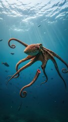 Underwater scene featuring a large octopus surrounded by numerous small fish with sunbeams